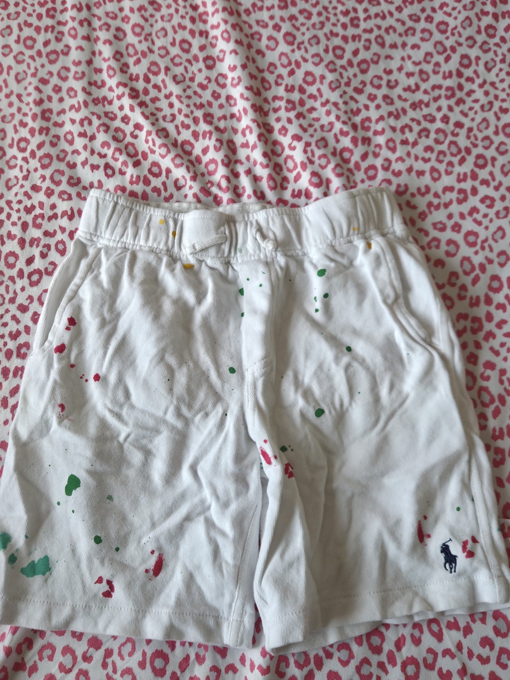 Polo by Ralph Lauren White Kids Cotton Shorts with Green & Pink Paint Splatter